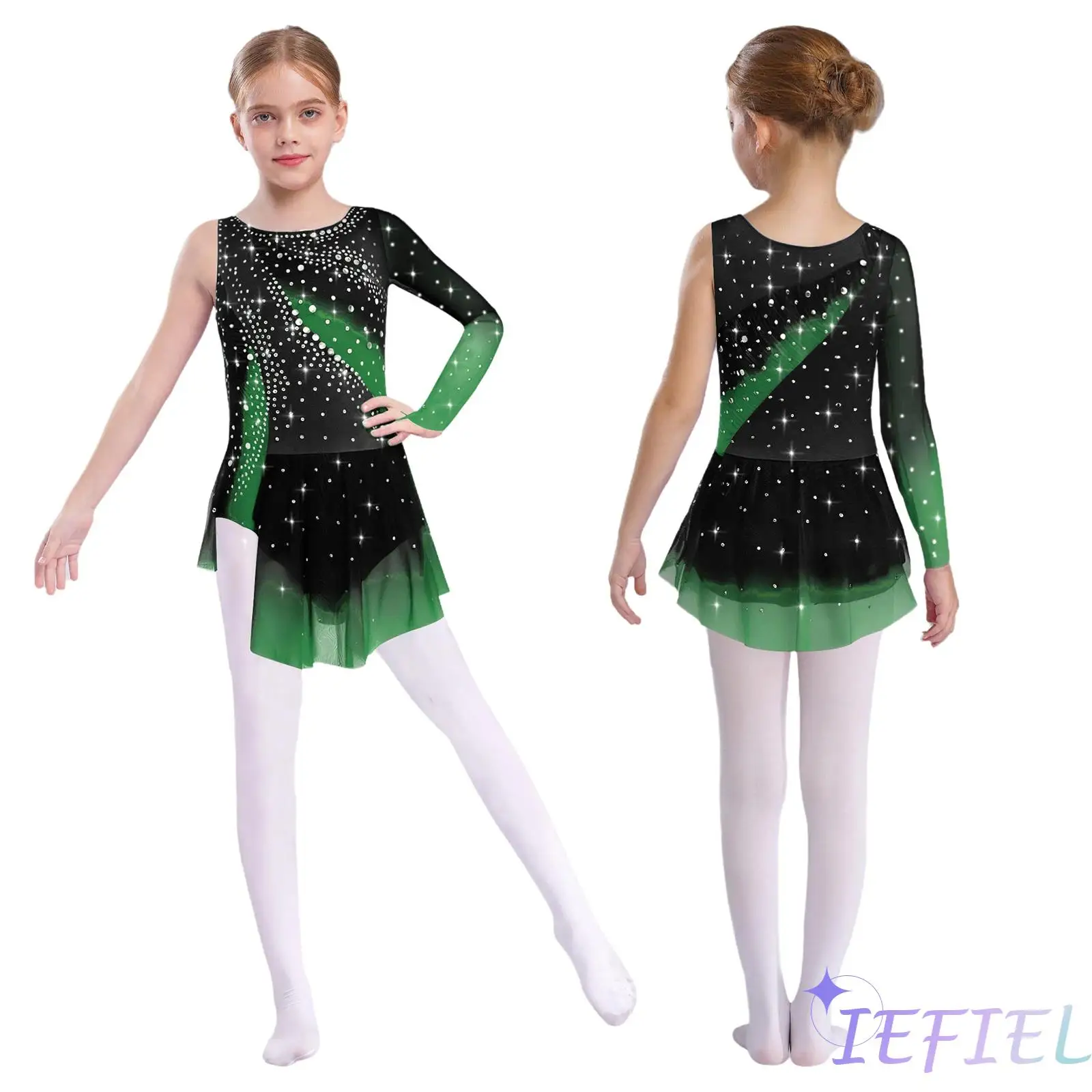 

Girls Rhythmic Gymnastics Costume Shiny Rhinestones Contrast Color Leotard for Ballet Lyrical Dance Figure Skating Performance