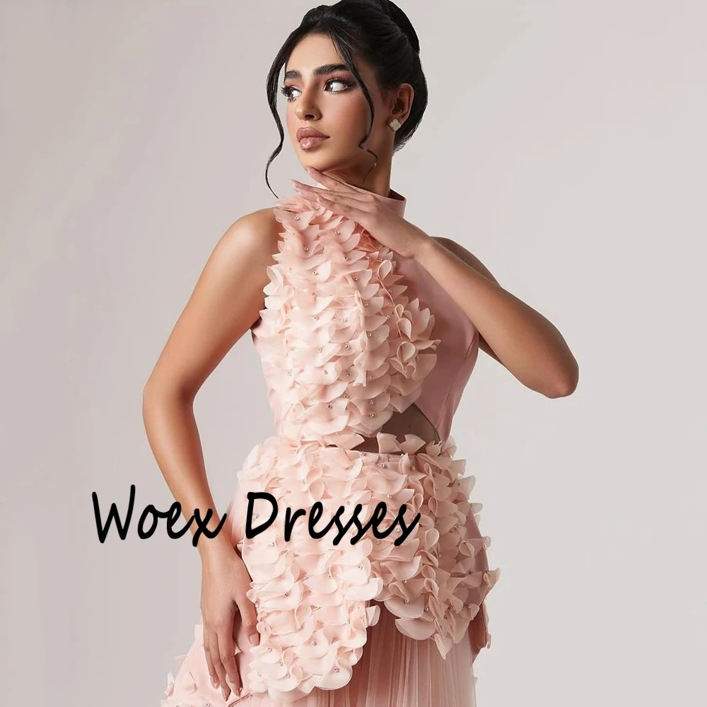 Abito da sera personalizzato in tulle rosa con scollo a O, applicazioni senza maniche, drappeggiato, abito da festa con strascico, abiti da ballo lunghi fino al pavimento