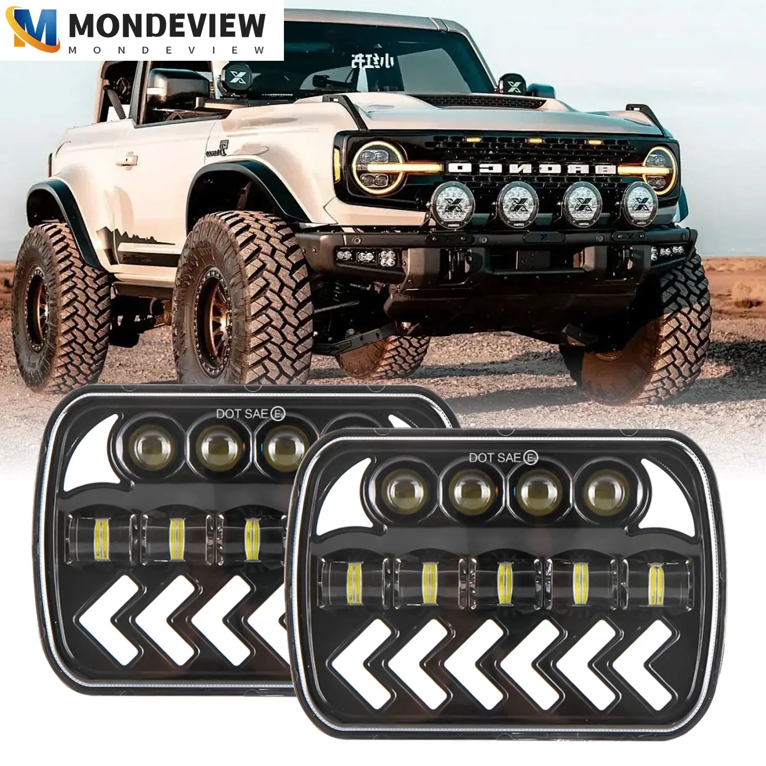 

MONDEVIEW V7 4x6 Wrangler H4 Turn Signal with Flowing Gradient Amber Light 6000K White 400W High-power 40000LM Car Headlight