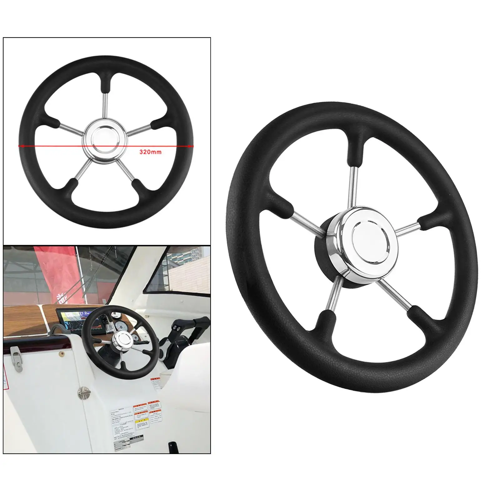 

Marine 12.6 inch Boat Steering Wheel 5 Spoke PU Foaming Material Vessels Yacht Pontoon Boat 15 Degree Dish Polyurethane