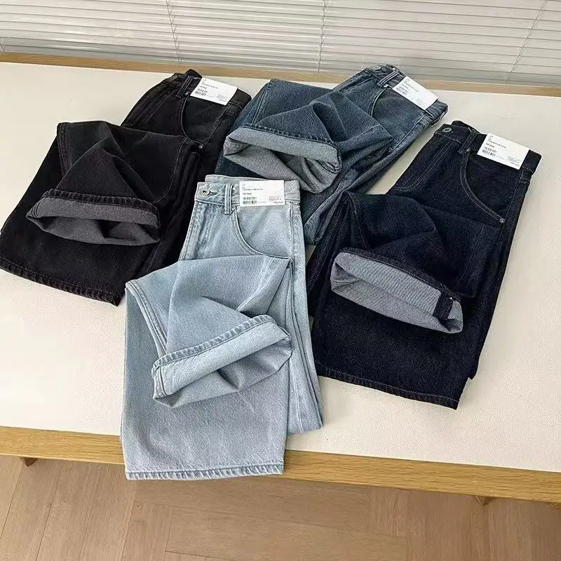 

Casual Loose Couple Denim Pants Autumn Winter New Sle High Waist Knife Long Trousers Non-Stretchy Faionable Jeans