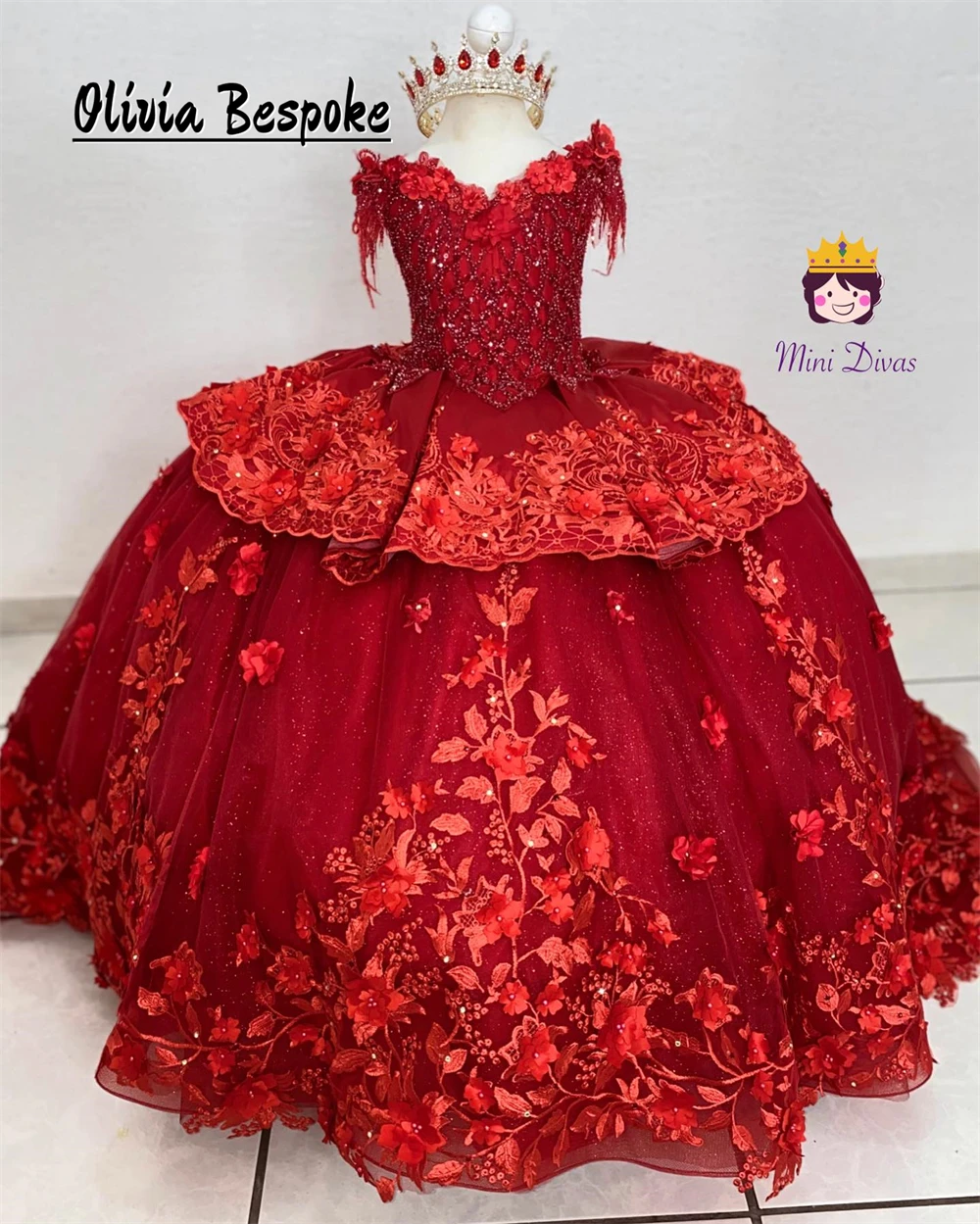 

Flamboyant Red Appliques Flower Girls Dresses Ruffle Beadings Ball Gown Birthday Dress Luxury 2024 For Little Girls Formal Gowns