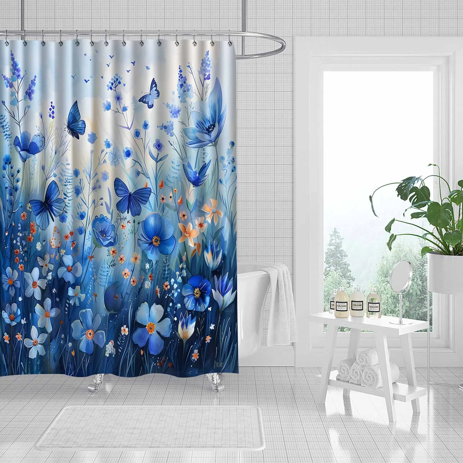 

1 шт. элегантная акварельная синяя занавеска для душа с цветочным принтом и бабочкой - декор для ванной комнаты из полиэстера премиум-класса с крючками, можно стирать в машине искусство