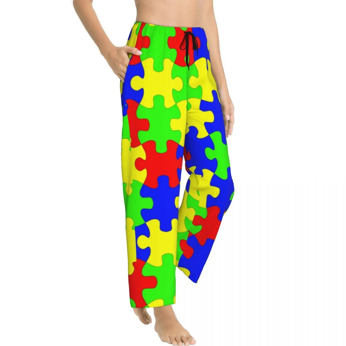 Custom Colorful Jigsaw Puzzles Autism Awareness Pajama Pants Sleepwear Women's Elastic Waistband Sleep Bottoms with Pockets