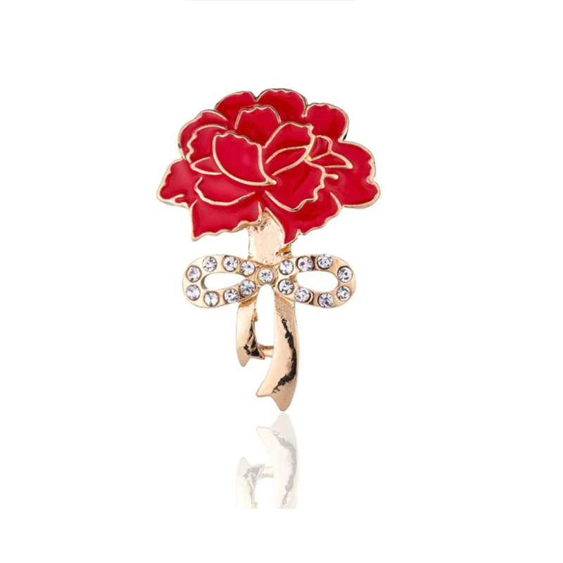 New Carnation Brooches Red Flower Brooch for Woman Crystal Bowknot Lapel Pins Wedding Party Badge Jewelry Mother Birthday Gift