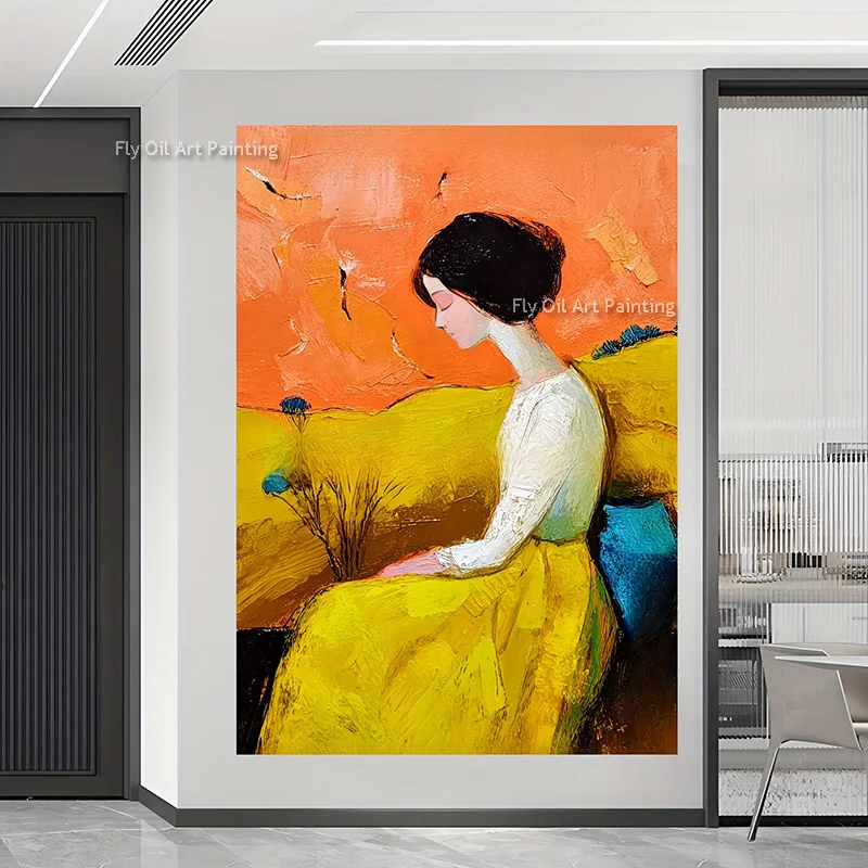 Special Yellow Orange Elegance Women Canvas Thick Oil Painting New Hand Made Abstract Purple Red Girls Wall Art Decor Items