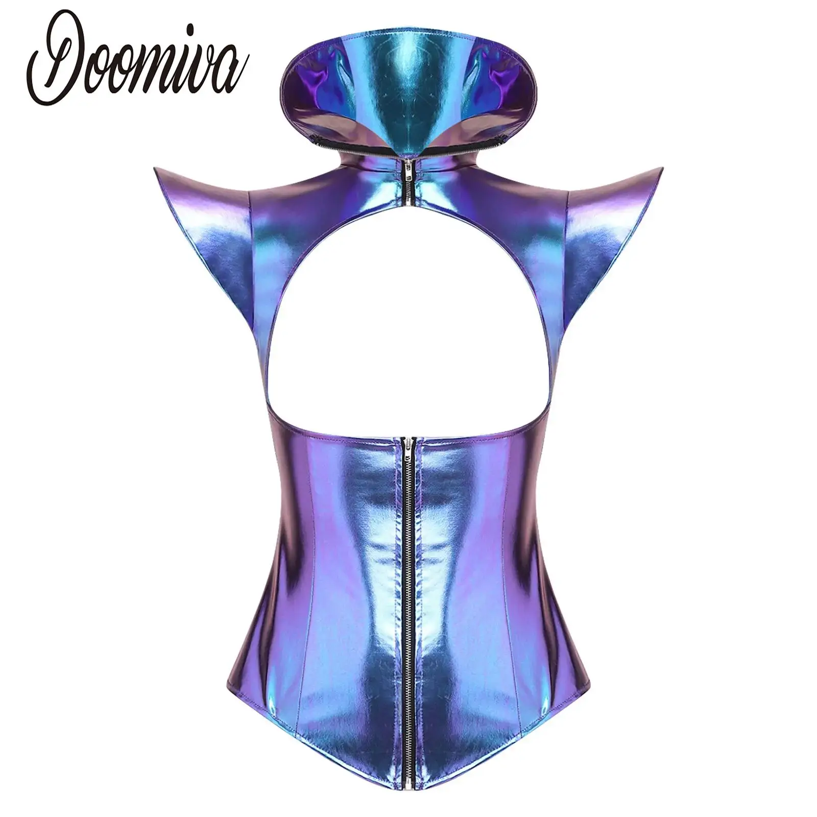 Women Metallic Punk Armor Corset Tank Top Clubwear Fly Sleeve Front Cutout Zip-up Bustier Cropped Top for Halloween Show Party