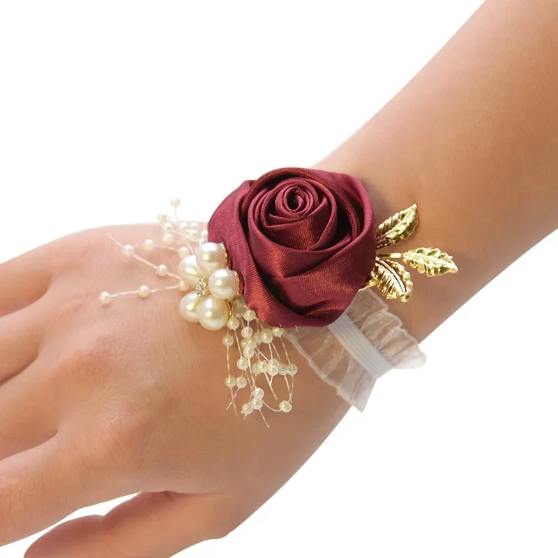 Pulsera de rosa de imitación para dama de honor, ramillete de muñeca para boda, cinta de poliéster, lazo de perlas, regalos nupciales, flores de mano, accesorios para fiesta y graduación