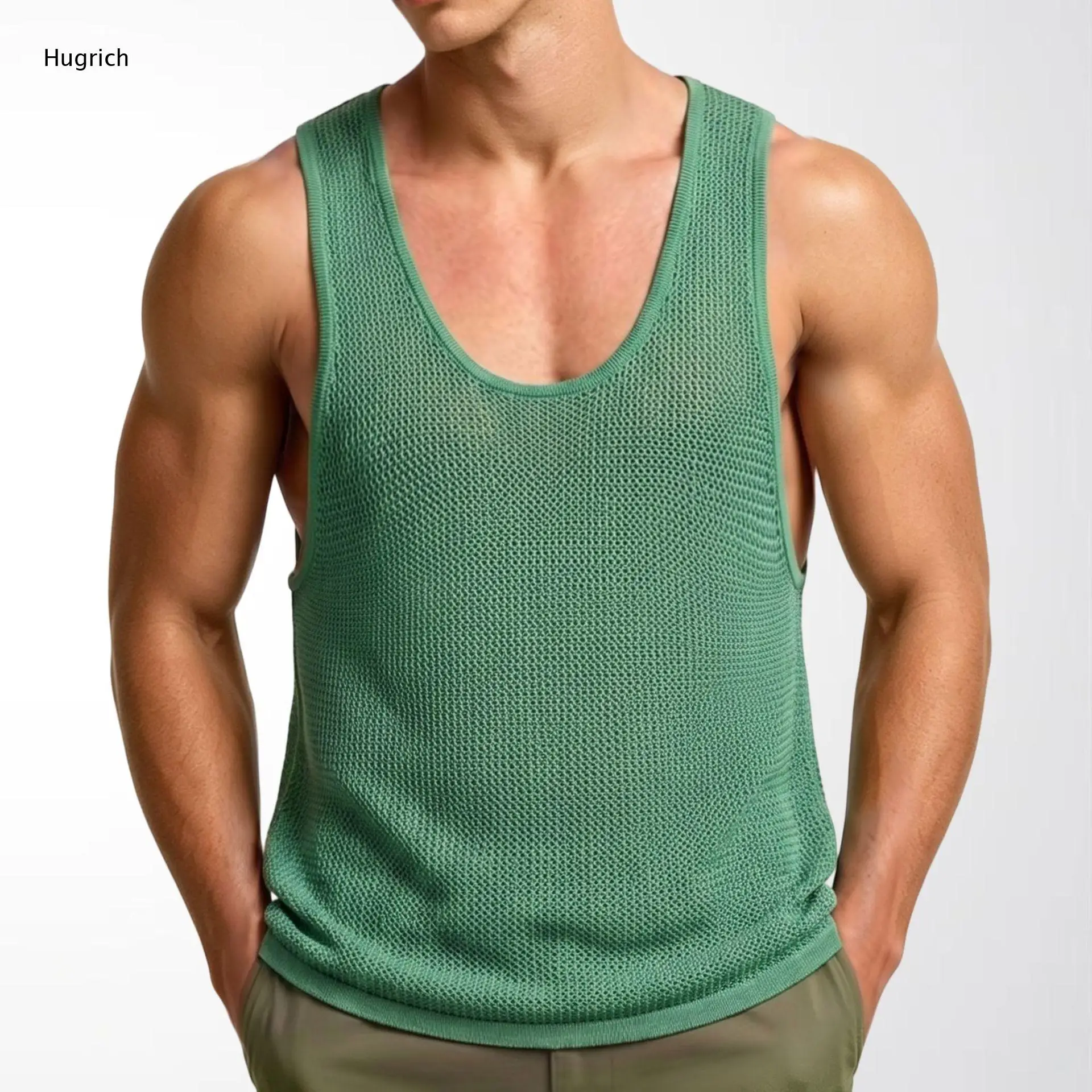 Slim Fit Hollow Out Crochet Knit Sleeveless Top, Soft Breathable Mesh Tank Shirt for Summer Vacation Fitness Casual Wear