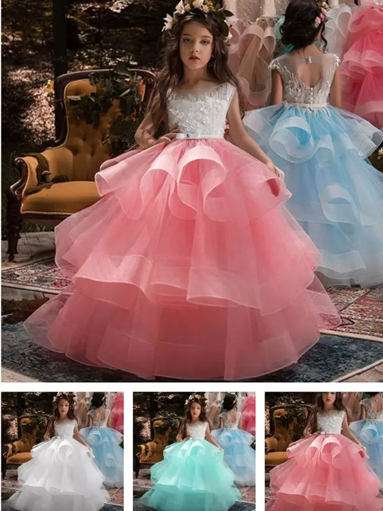 

Flower Girl Dresses Tulle 2023 Beading Appliqued Pageant For Girls First Communion Birthday Kids Prom Dresses