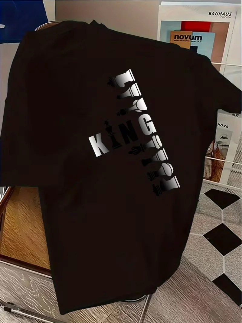 Chess Themed 'S T-Shirt  Summer Short Sleeve Casual Top With Creative Letter Print, Regular Fit, Crew Neck Unisex Casual Tops