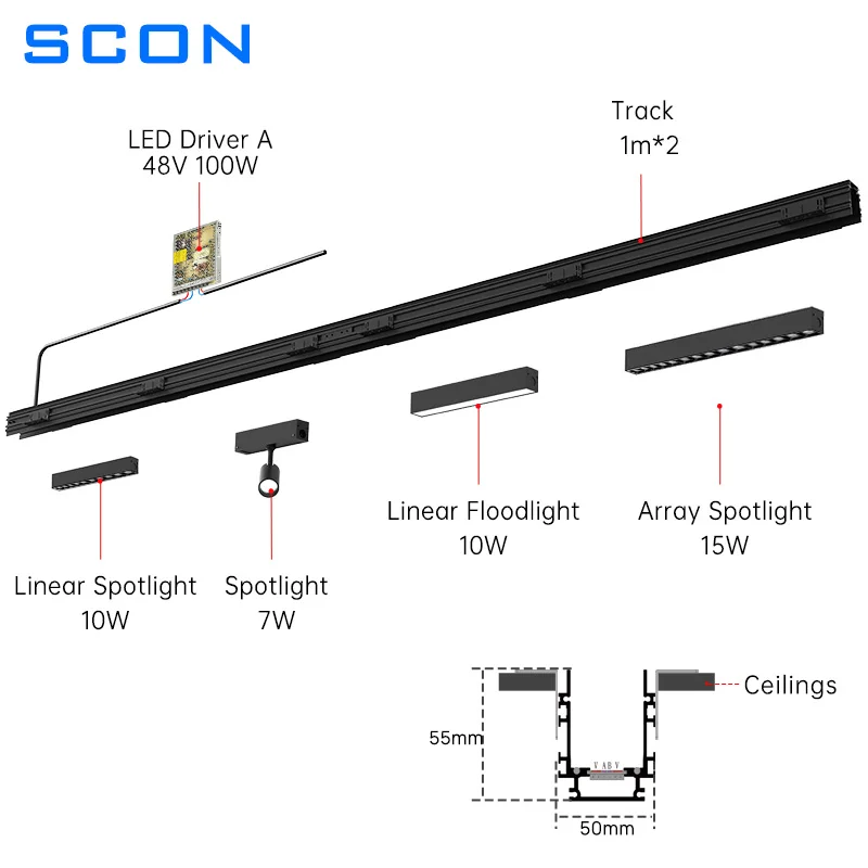Imagem -05 - Scon-conjunto Completo Linear Led Light Rail Sistema Magnético de Iluminação de Trilha Iluminação Embutida Pacote 3