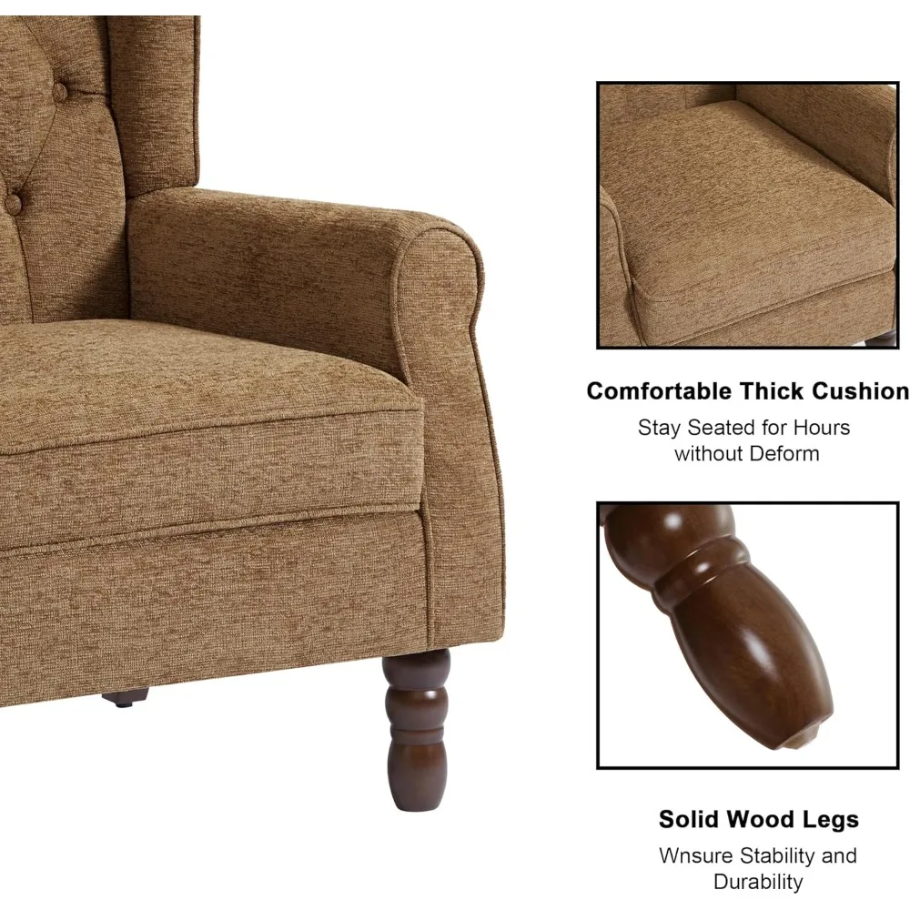 Poltrona imbottita con schienale alto capitonnè con bottoni e gambe in legno massello per una lettura confortevole