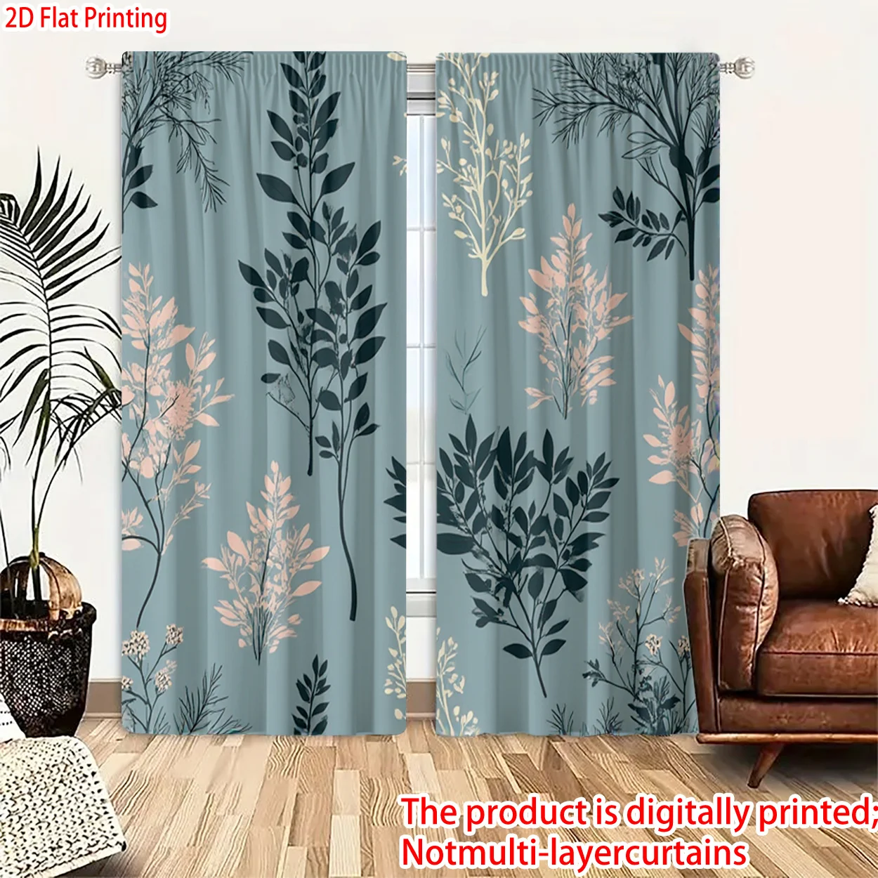 Botanical Leaf Print Curtain Pair for Living Room Window Home Decor Modern Abstract Aesthetic Dusty Blue Curtains 2 Pieces