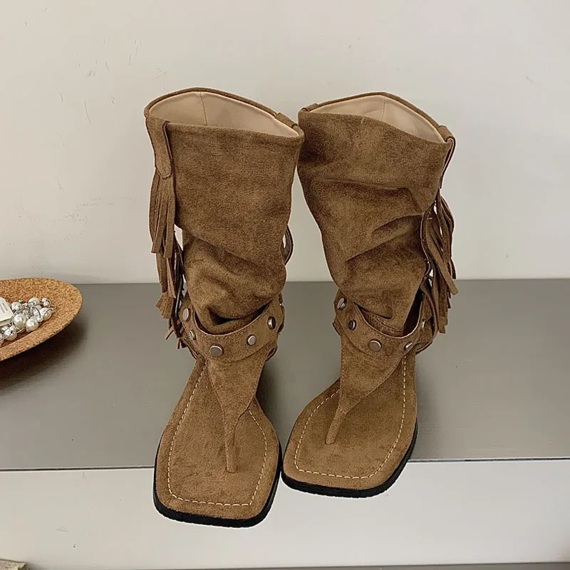 

Eilyken Fashion Tassel Rivet Square Clip Toe WomenAnkle Boots Sandals Vintage Comfortable Low Heels Casual Banquet Shoes