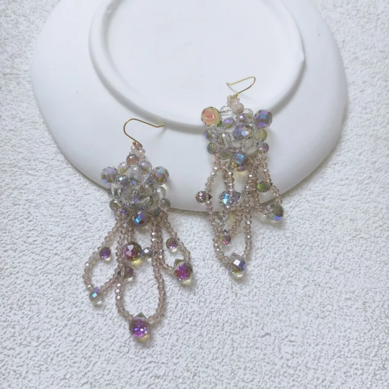 Light Luxury Heavy Industry Flash Glass Beads Weave Flower Beaded Long Tassel Earrings Sweet Forest Style Pastoral Style Elegant