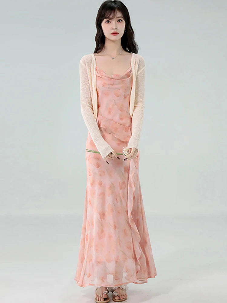 Women Pink Floral Chiffon Ruffled Sling Dress+Knitted Cardigan Two Piece Sets 2026 Summer Korean Elegant Chic Holiday Dress Sets