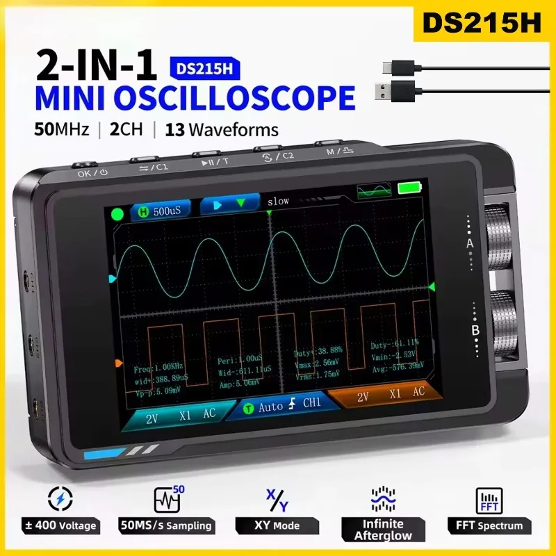 

DS215H Handheld Compact 2-in-1 Dual Channel Oscilloscope, High Precision Digital Signal Generator