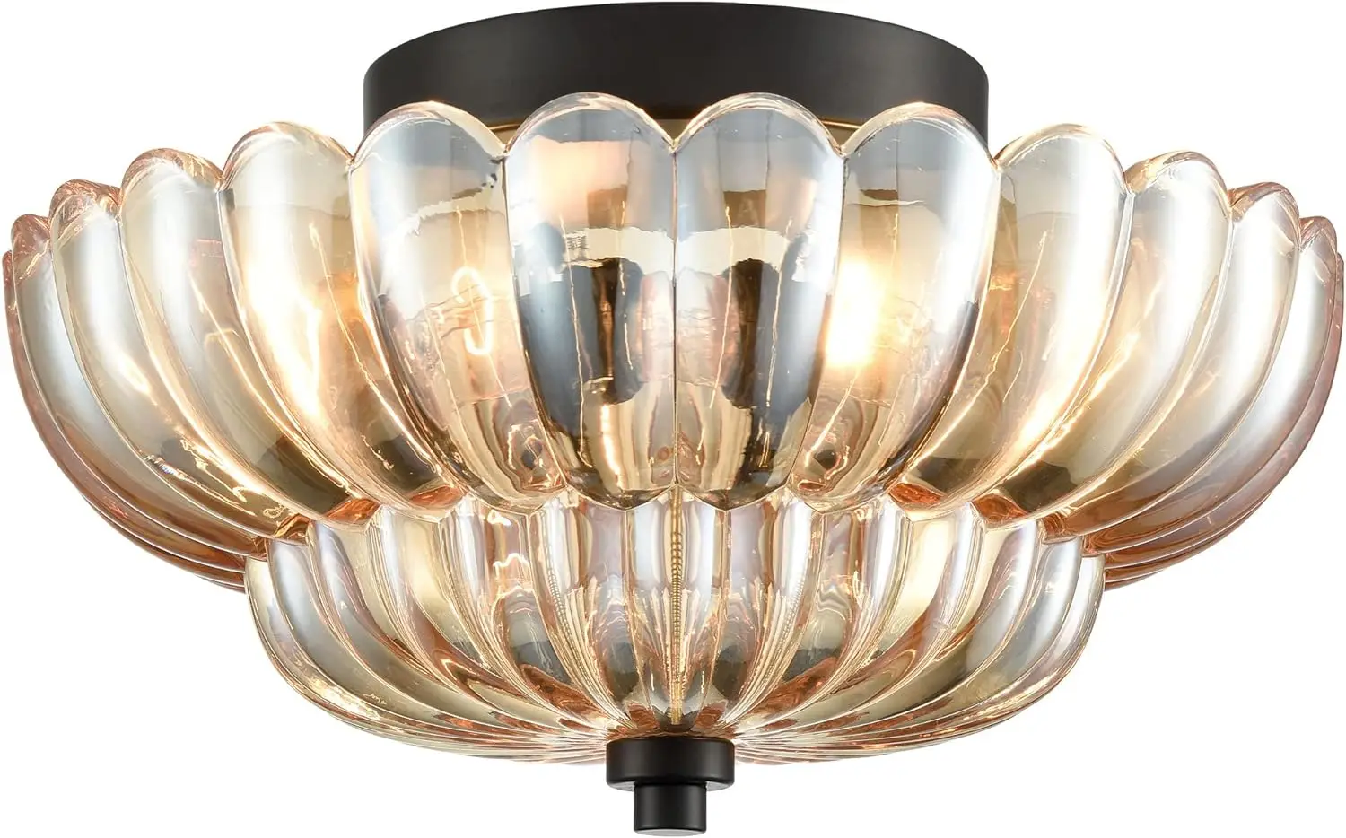 Hydelite Modern Black Flush Mount Ceiling Light 3-Light Close To Ceiling Light Fixtures With Scalloped Amber Glass Shade For