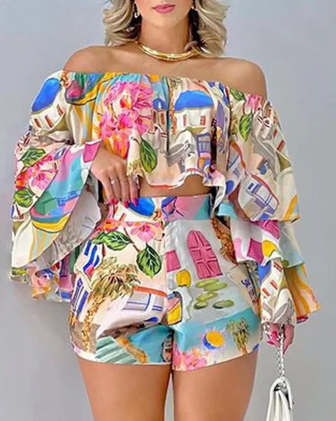 Fashion Summer 2023 Off Shoulder Bell Sleeve Crop Top & Shorts Set Daily Graphic Print 2 Piece Outfits Vacation Sexy Short Sets