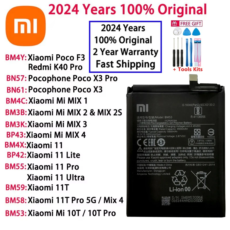 Fast Shipping 100% Original Battery For Xiaomi Poco X3 F3 Redmi K40 10T 11T Mi Mix 1 2 2S 3 4 11 Mi11 Lite Ultra Pro Batteries