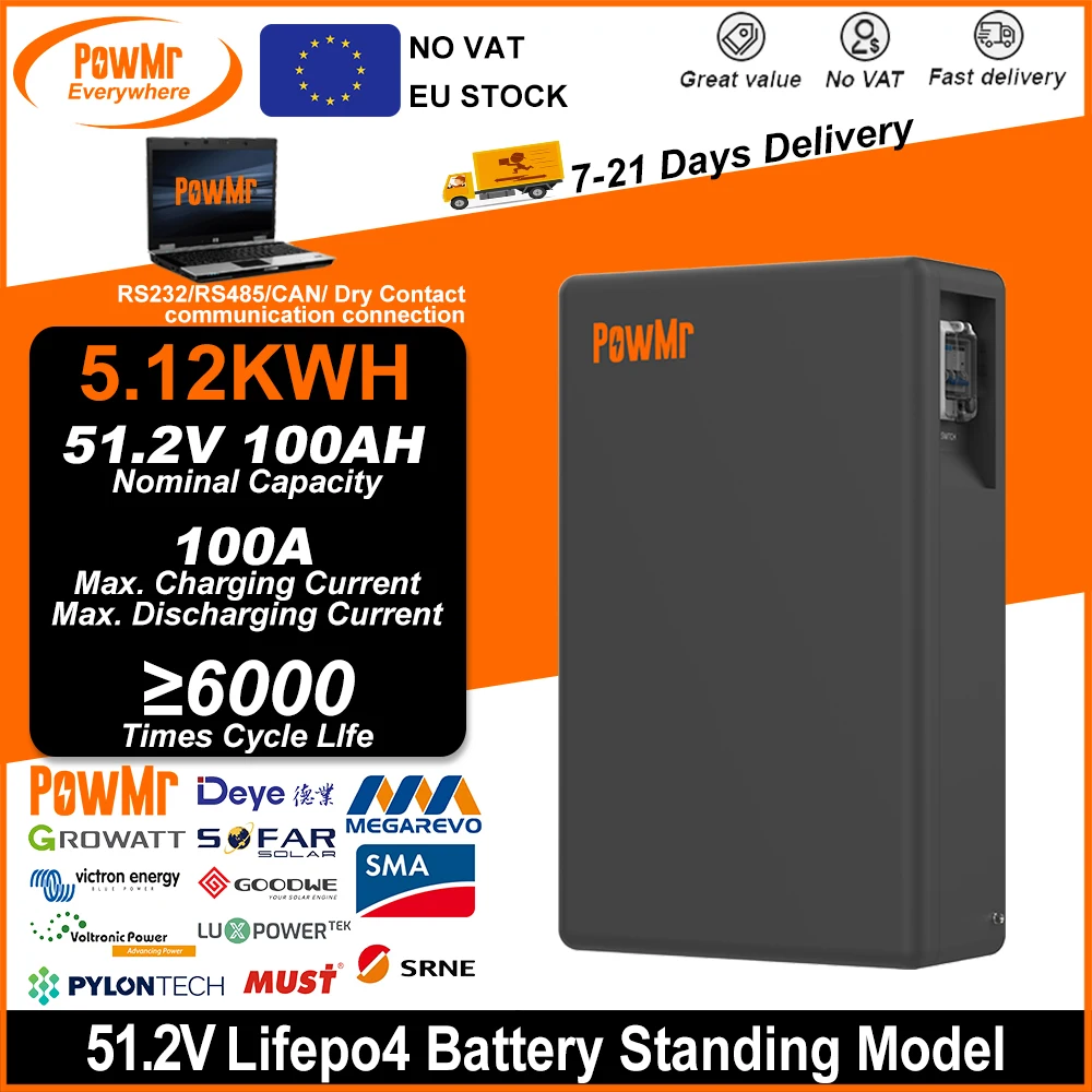 

Аккумуляторная батарея PowMr 51.2В 100Ач 5кВтч LiFePO4, напольная, 6000 циклов, с системой BMS, литиевая батарея для хранения солнечной энергии 100Ач