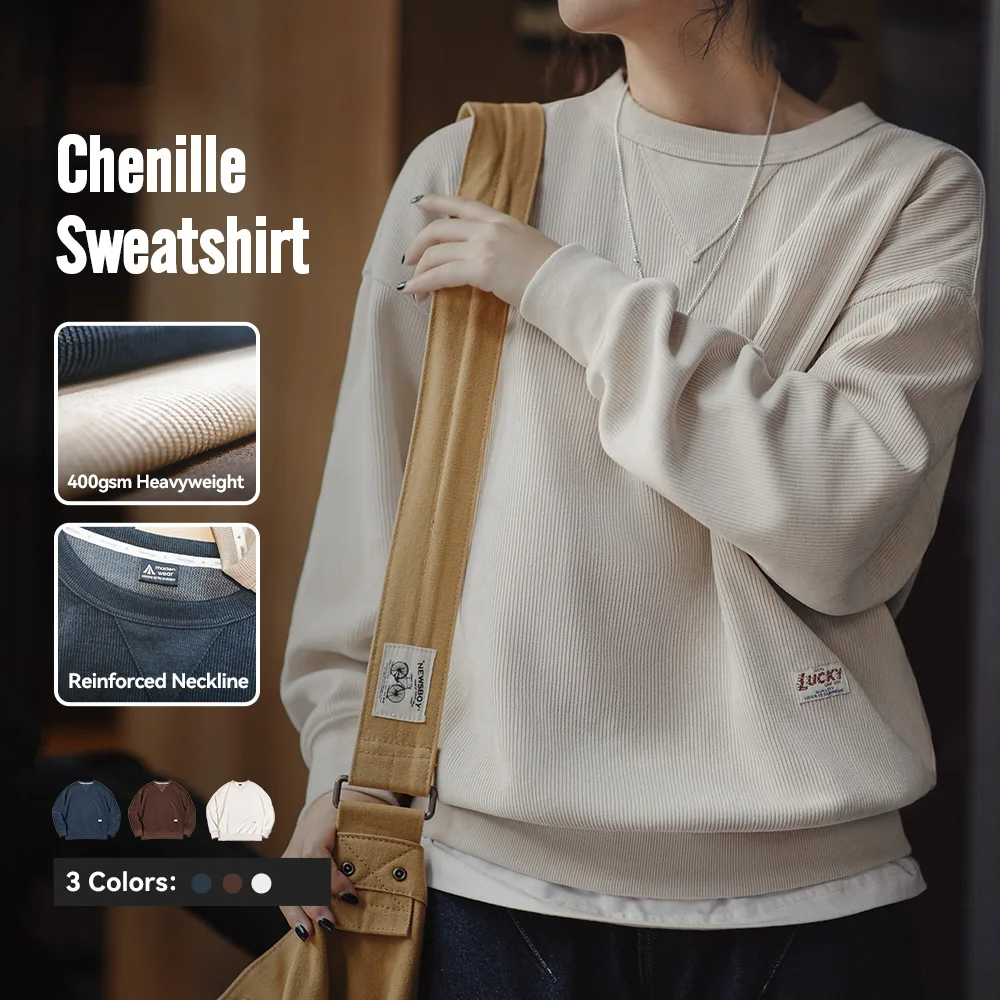 Maden Chenille Crewneck Hoodie for Women Pullover Long Sleeve Sweatshirt Bottom Shirt Solid Color Simple Casual Hoodies