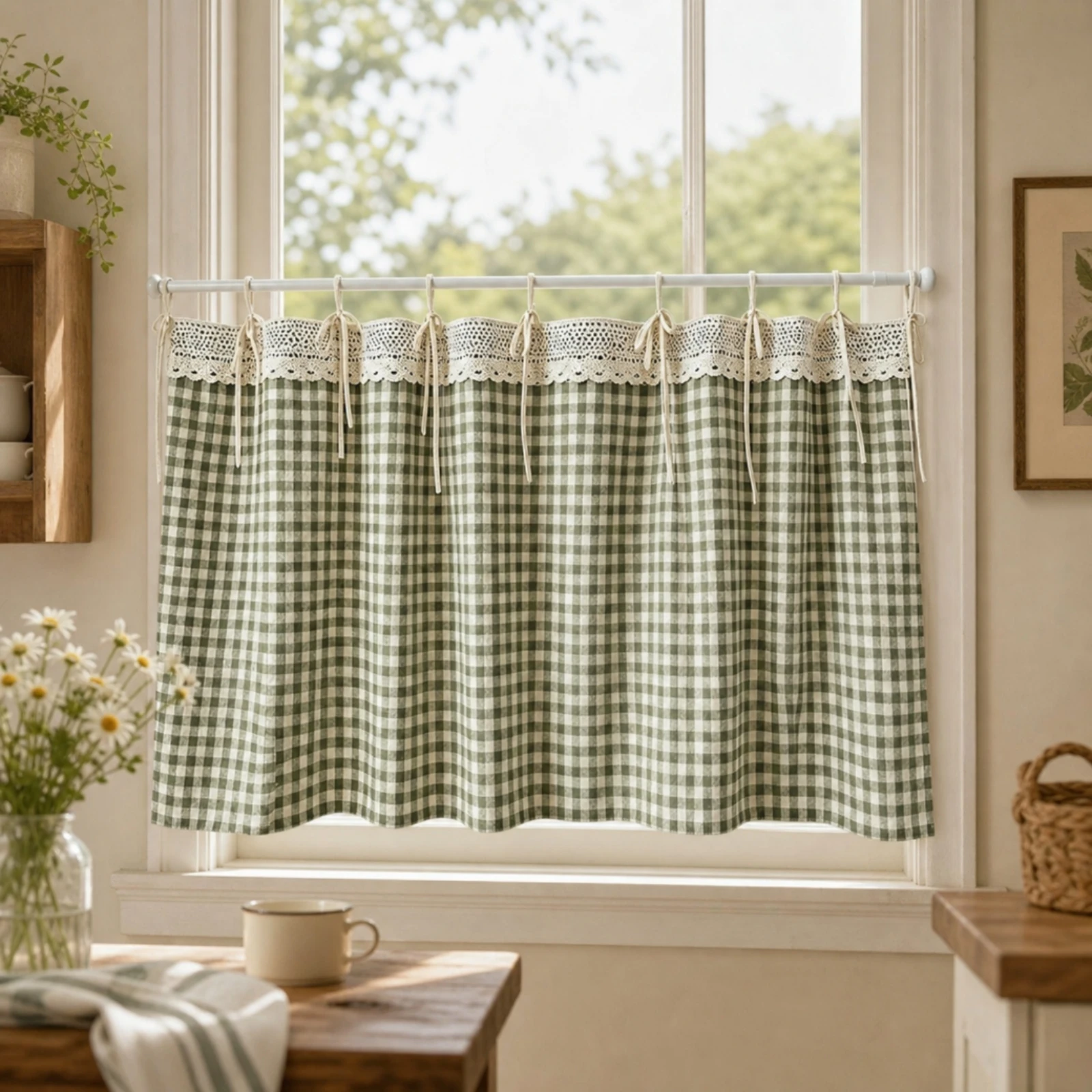 Gingham Curtain Checkered Tie Top Curtain Gingham Curtains Cotton-Linen Window Treatment Half-Length for Cabinet, Doorway
