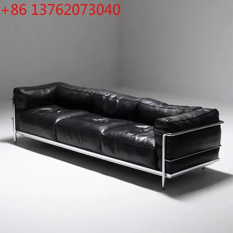 

Leather sofa simple medieval straight row sofa black oil wax leather leather sofa