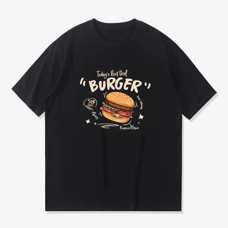 Serie T-food Verano Élément Hambourg Impresión Coton Camiseta Dété Américain À Manches Courtes Ample