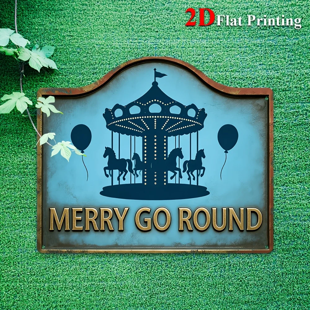 2D Flat, 1pc Vintage Carousel Horse & Balloons Sign Wall Decor - Metal Merry Go-Round Art Suitable For Kids' Rooms, Playroom