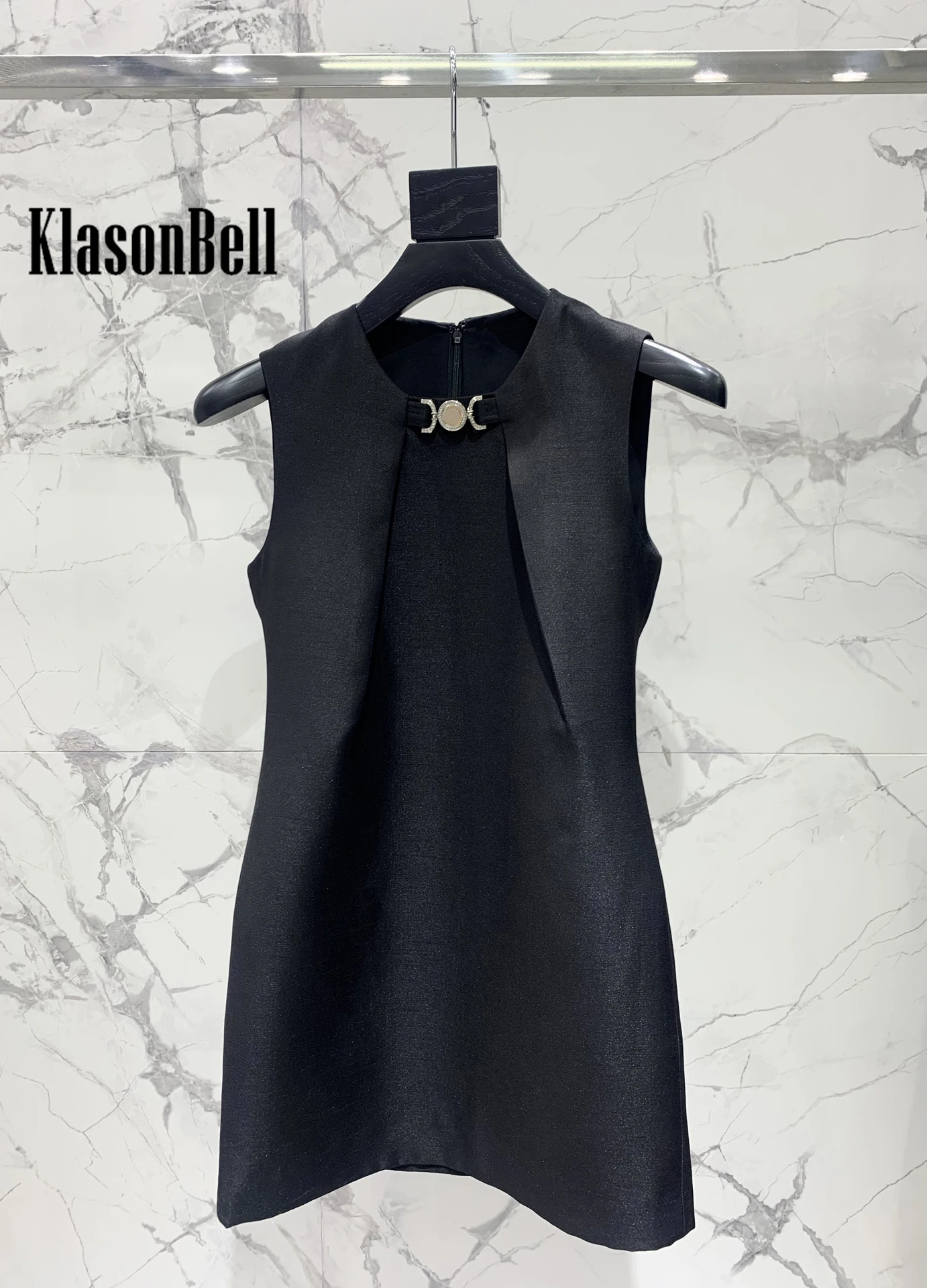 4.9 KlasonBell Fashion Elegant Neckline Metal Button Decoration Mini Dress Women O-Neck Sleeveless Collect Waist Tank Dress