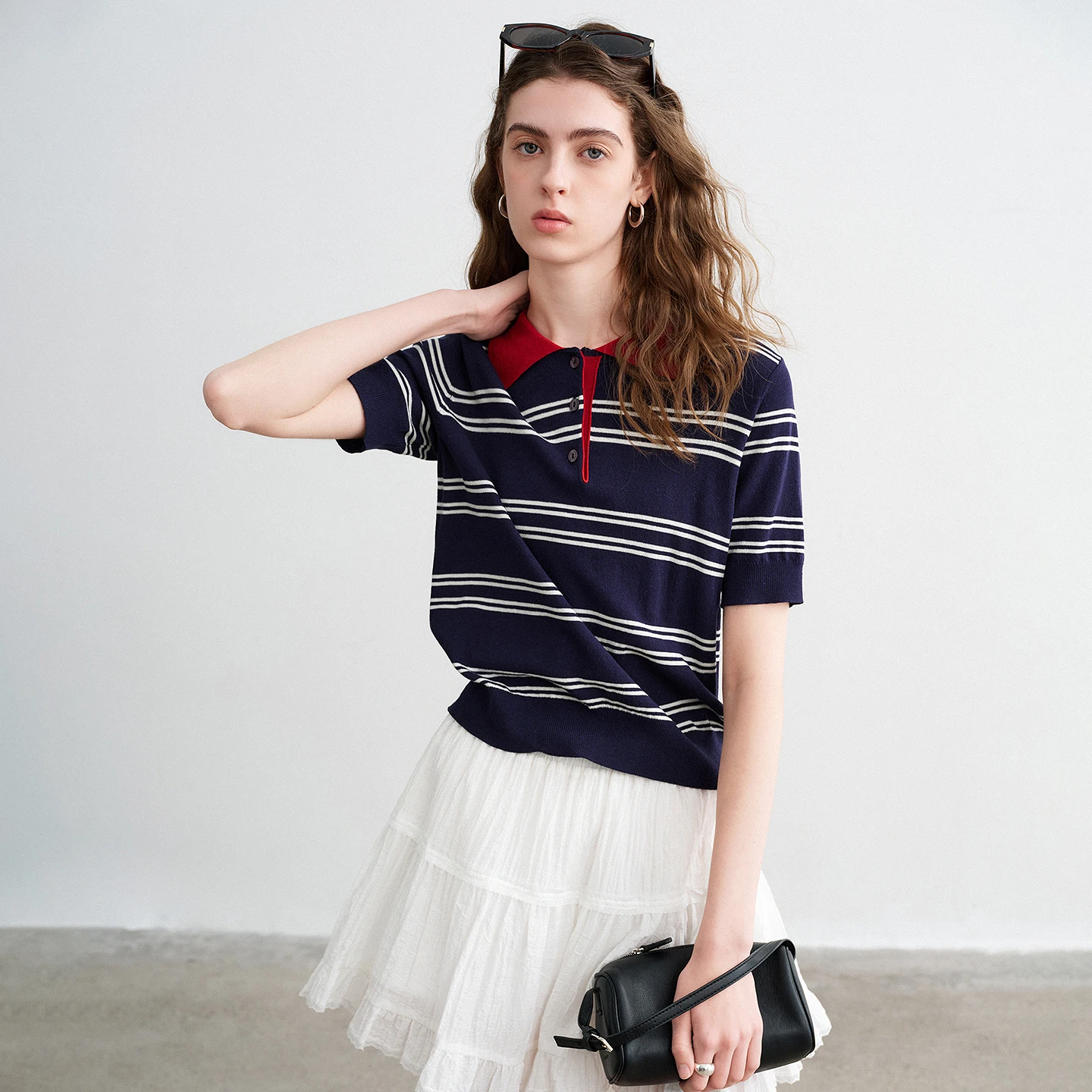 Women's Striped Polo Shirt - Breathable Comfort Knit Top