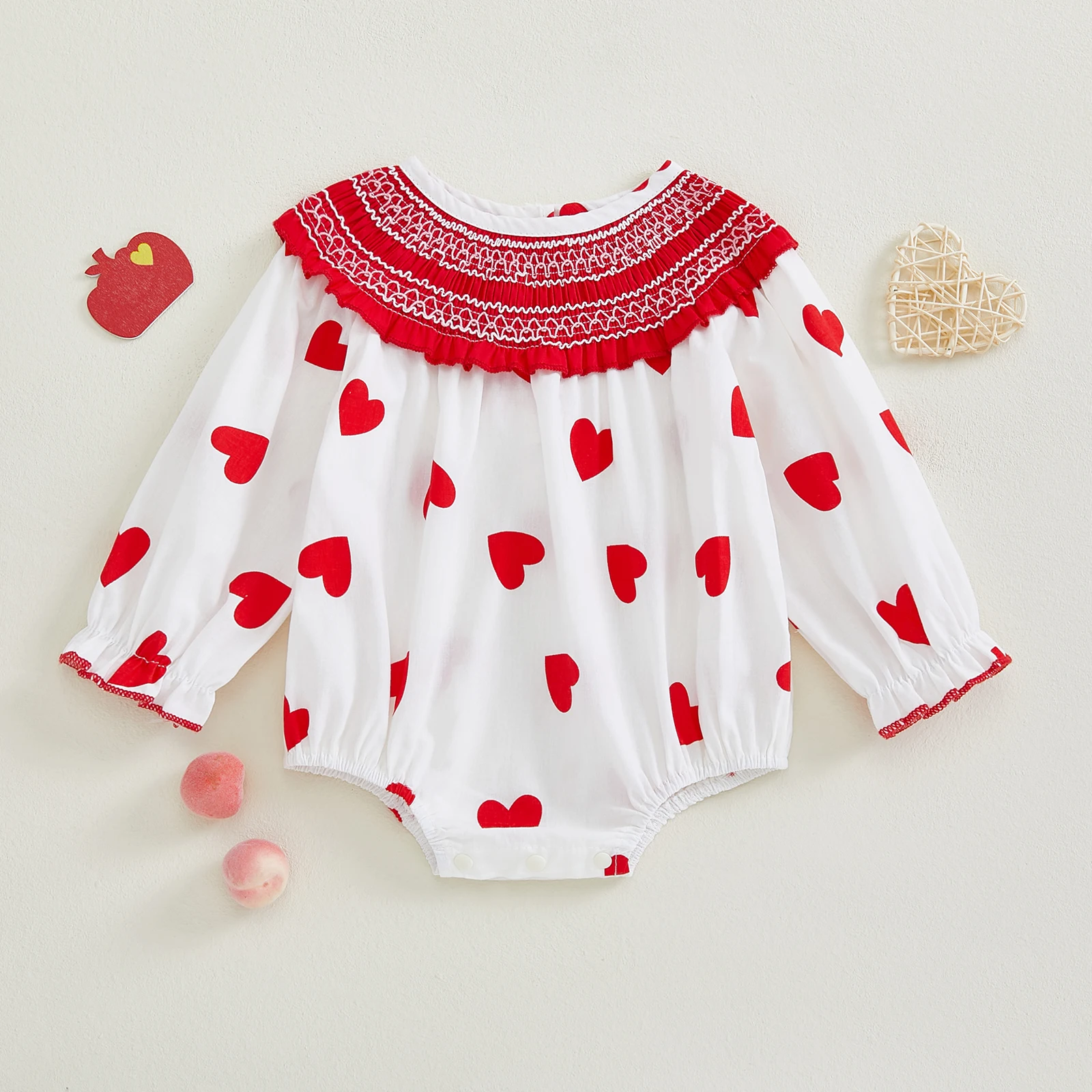 BeQeuewll Sweet Baby Girls Romper Spring Long Sleeve Newborn Clothes for Valentine's Day Princess Heart Print Infant Bodysuits