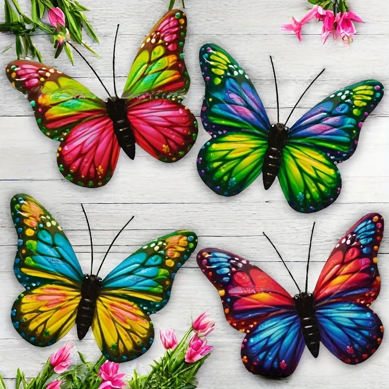 4pcs Set Beautiful Gradient-Colored Wrought Iron Butterfly Wall Hangings Indoor Wall Decor Outdoor Garden Fence Wall Decor