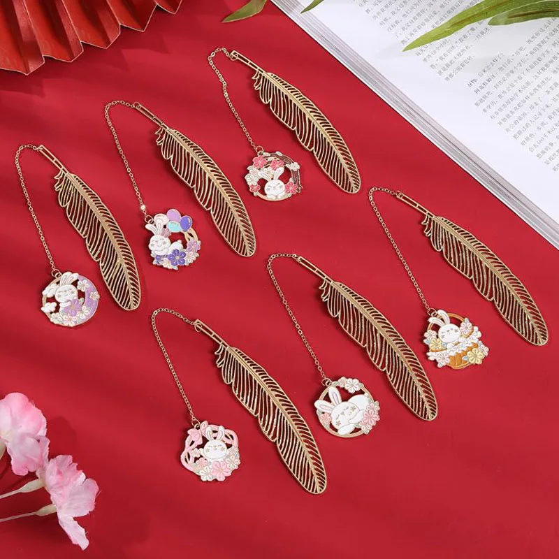 Kawaii Cherry Blossom Rabbit Feather Bookmark Creative Metal Book Mark Page Folder Decoration Office School Supplies Stationery