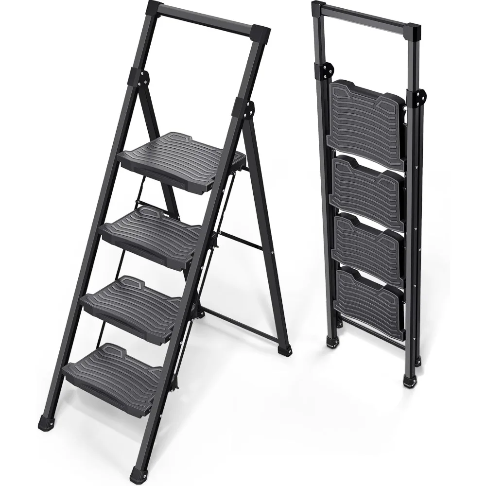 Tangga Lipat 4 Langkah, Tangga 4 Langkah dengan Kapasitas 900lbs, Pedal Lebar Anti-Selip dan Pegangan, Tangga Rumah Tangga Ringan