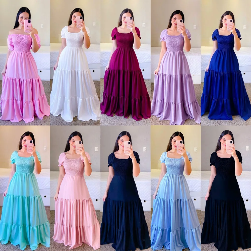 

2025 New Spring/Summer Women's One Broken Flower Exposed Shoulder Long Color Fairy Dress