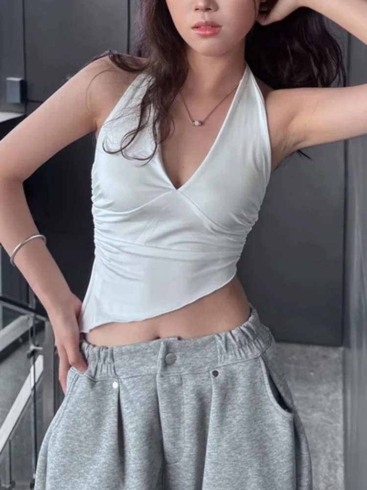 2025 Canotta estiva nuova sexy hot girl appesa al collo con cinturino irregolare in tinta unita per donna
