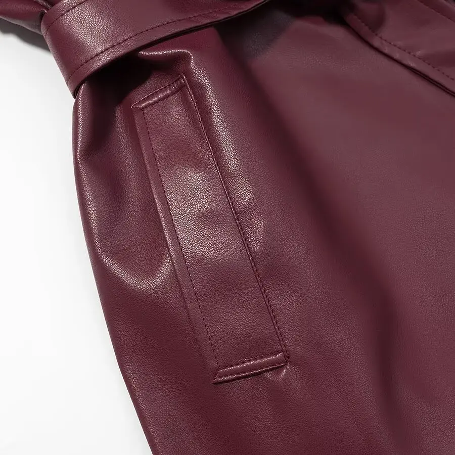 KASLEAD Nowa Damska Modna Długa Prosta Kurtka Skórzana do Noszenia na Co Dzień, Luźny Krój, Zimowa, z Włókna Poliestrowego