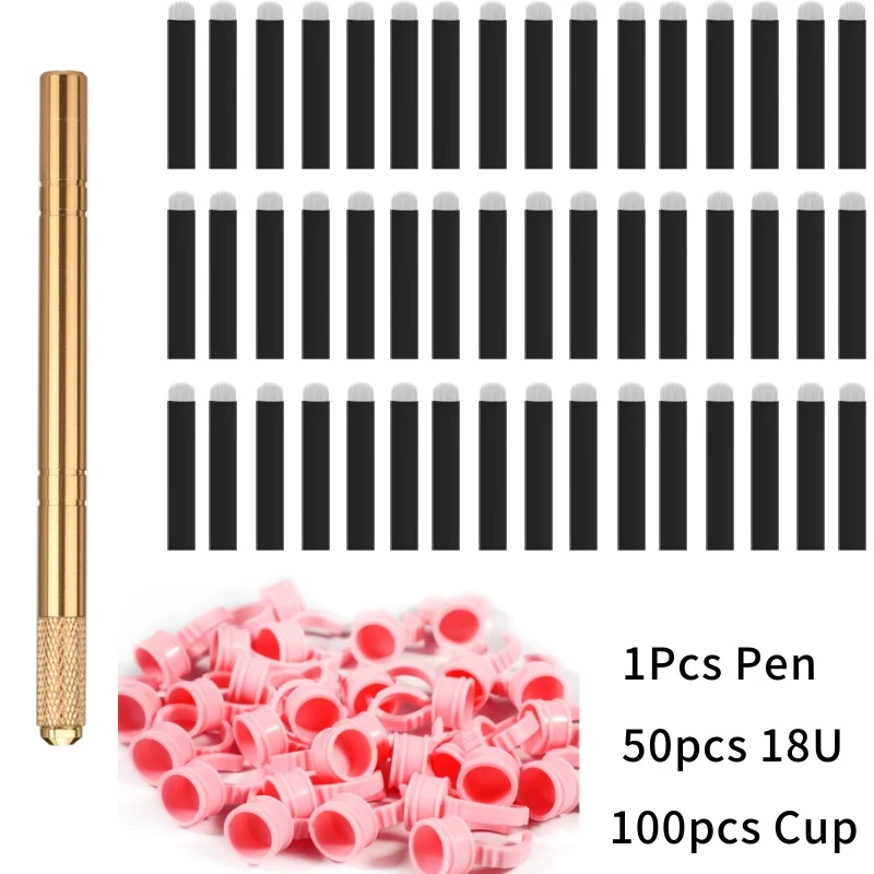Golden Tebori 3D Tattoo Pen with 50pcs 18U Blade Microblading Tattoo Needles Permanent Makeup Manual for Professional Eyebrow