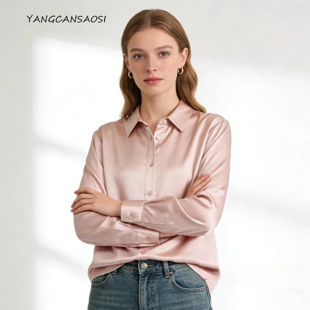 Chemise à manches longues en Satin de soie de mûrier 100% naturelle, 35MM, simple boutonnage, respectueuse de la peau, col POLO confortable