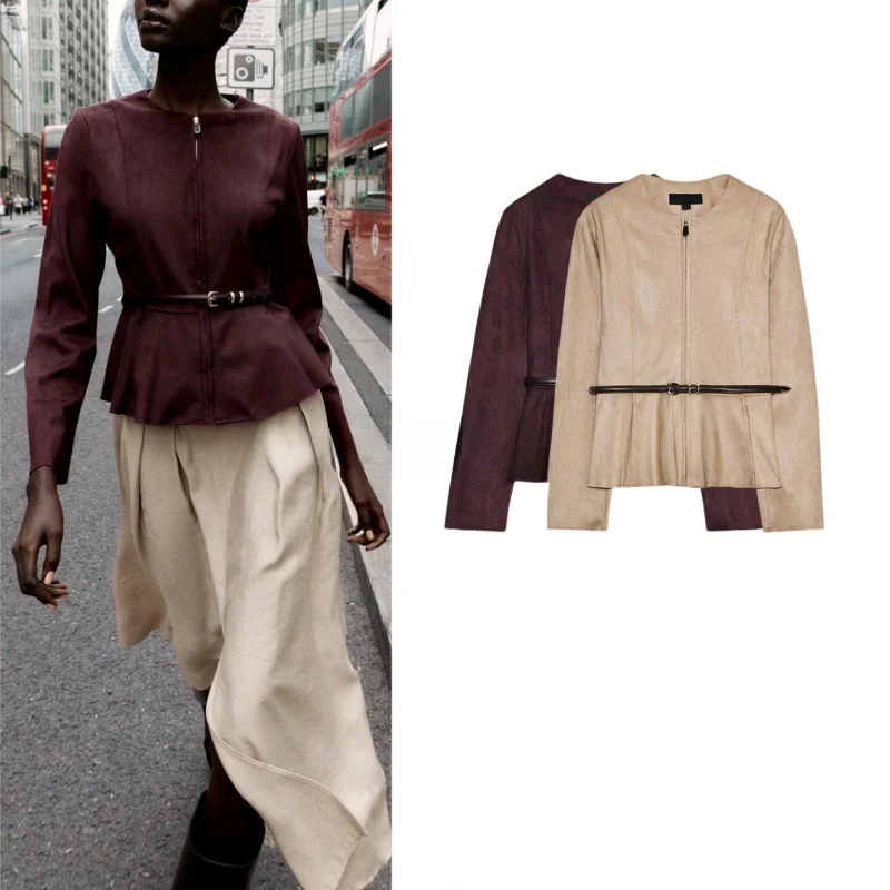 

Fall Women's round Ne Long Sve Faux Suede ort Skirt Sle Jaet Coat with Belt Loose Fit Breathable Polyester Fiber