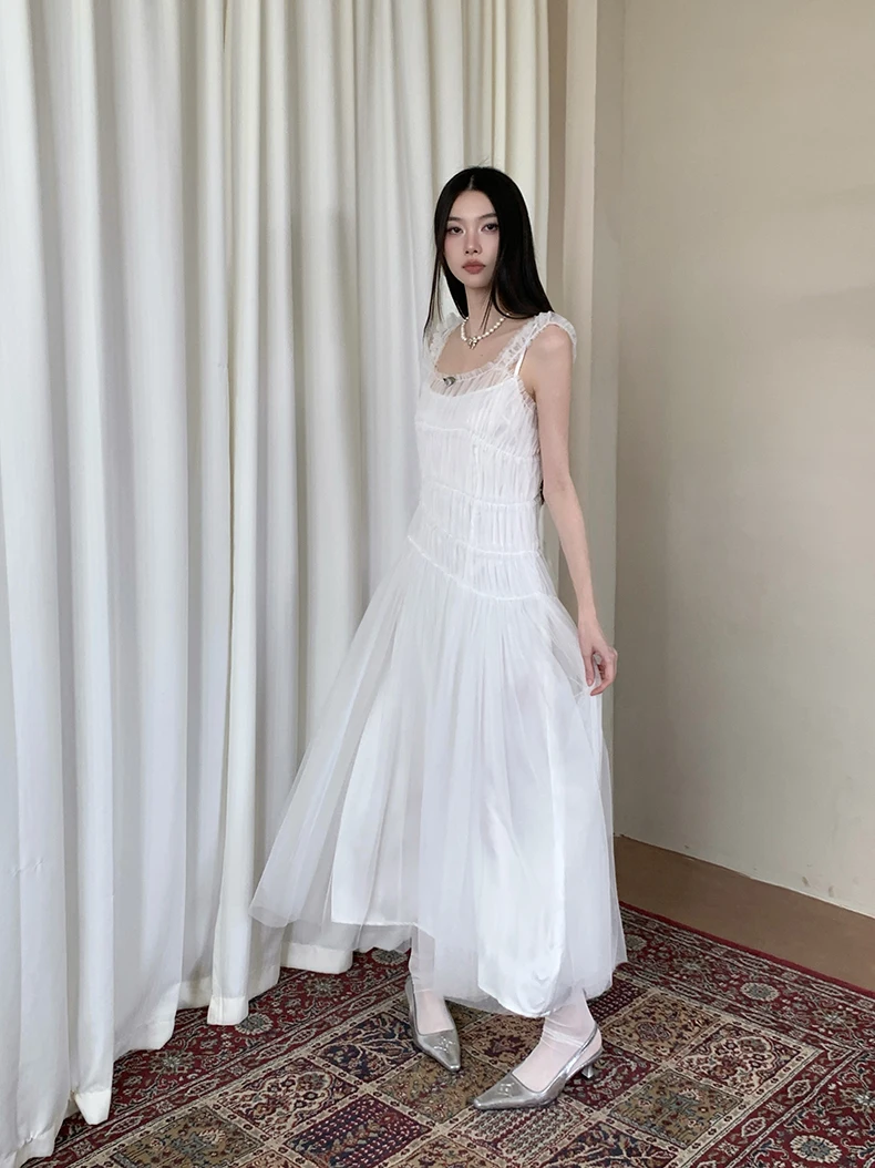 Sukienka balowa bez rękawów CHEERART, biała, tiulowa, urodzinowa, damska, letnia, z siateczkowymi tunikami, długa sukienka wieczorowa na ramiączkach w kształcie litery A.