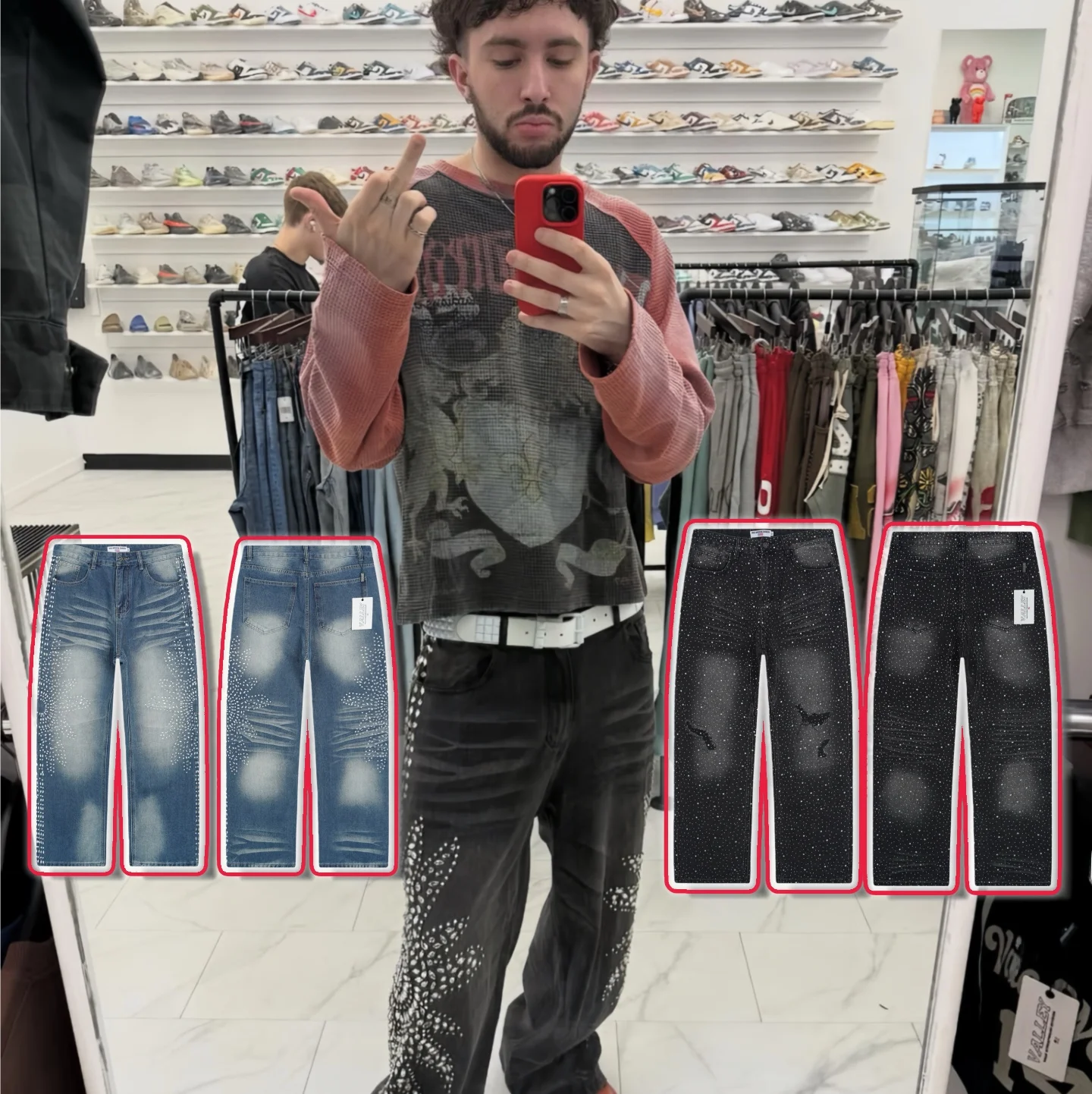 

Valley American Street Retro Heavy Du Casual Diamond Embellied Jeans Men's Straight Leg Cotton Blend Casual Pants