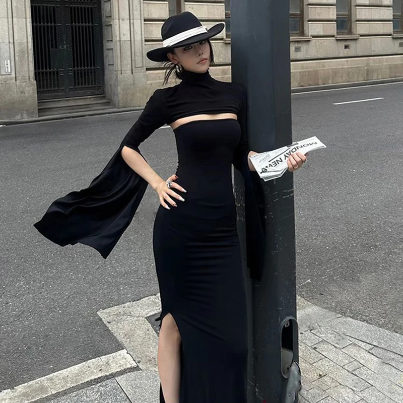 MEXZT Elegante Zwarte Lange Jurk Vrouwen Party Prom Sexy Hollow Out Slit Maxi Jurken Coltrui Gewaad Lange Mouw Bodycon vestidos
