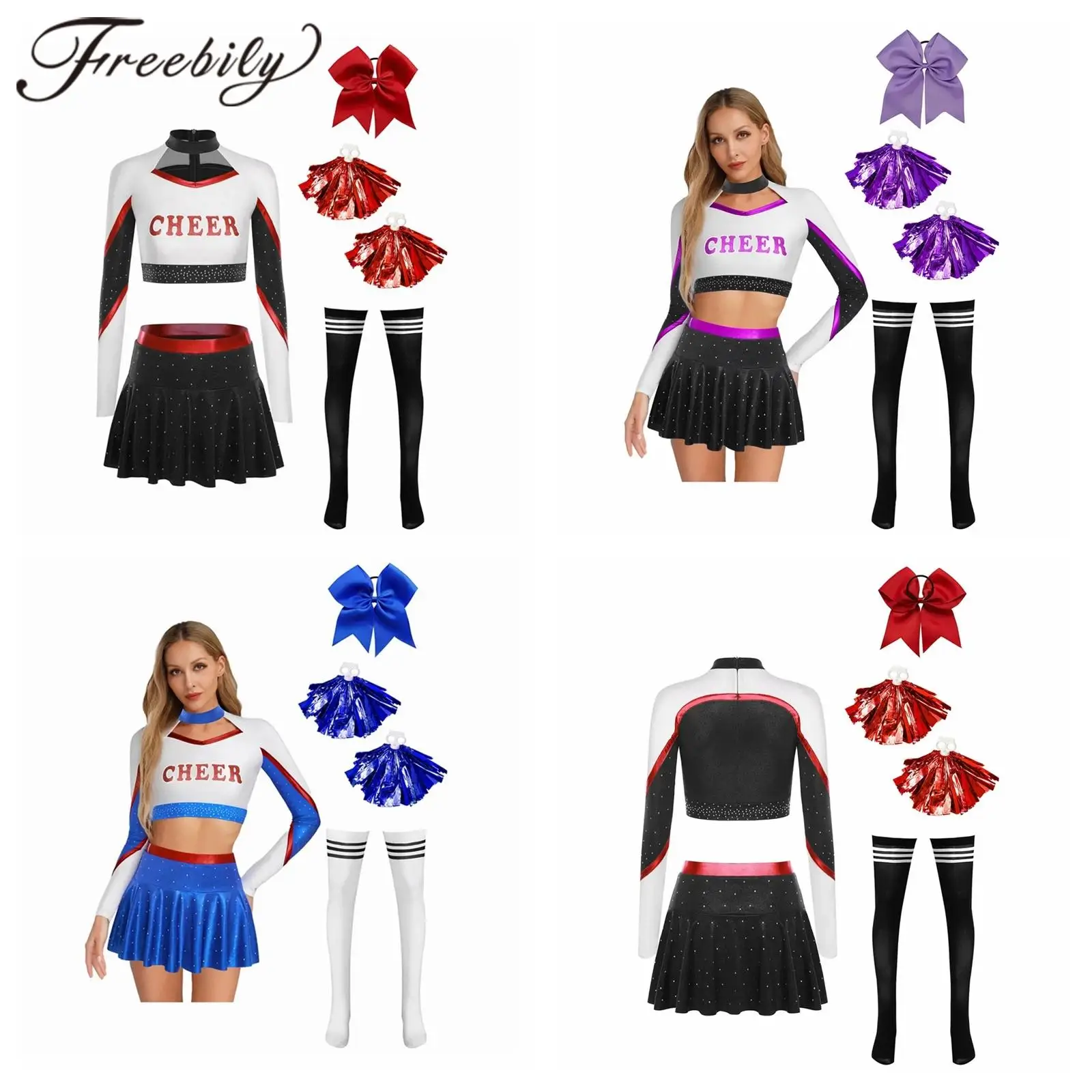 

Women Girls Cheerleading Uniforms Shiny Cheering Team Costume with Flower Balls Adults Cheerleader Outfit Femme Cheer Dance Suit