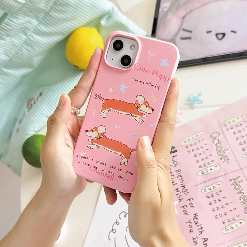 Ins Korean Pink Dog Hand Drawn Phone Case for IPHONE 15PRO MAX 14 13 12 11 PRO Plus 15pro XR XS MAX Acrylic  Mobile Phone Cases