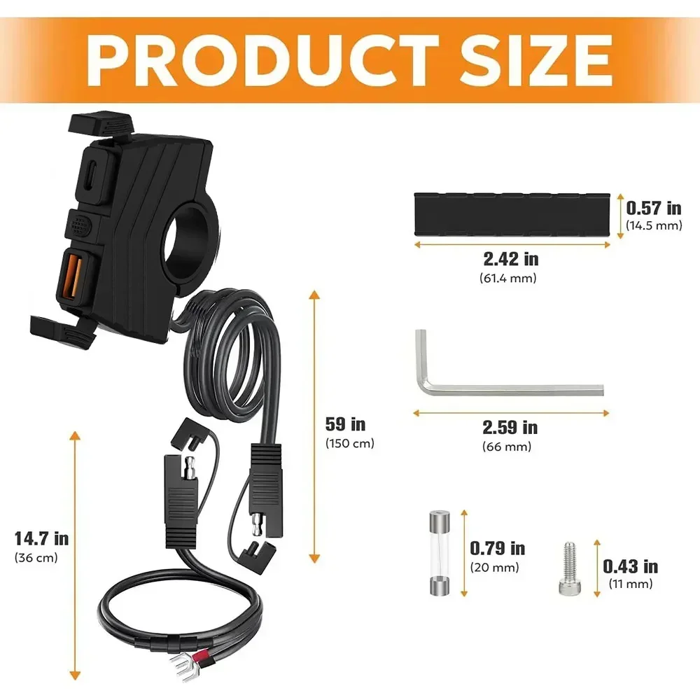 12V 48W PD+QC3.0 초슬림 오토바이 휴대폰 충전기 듀얼 포트 USB 타입 C 아울렛 고속 충전 온/오프 스위치 방수