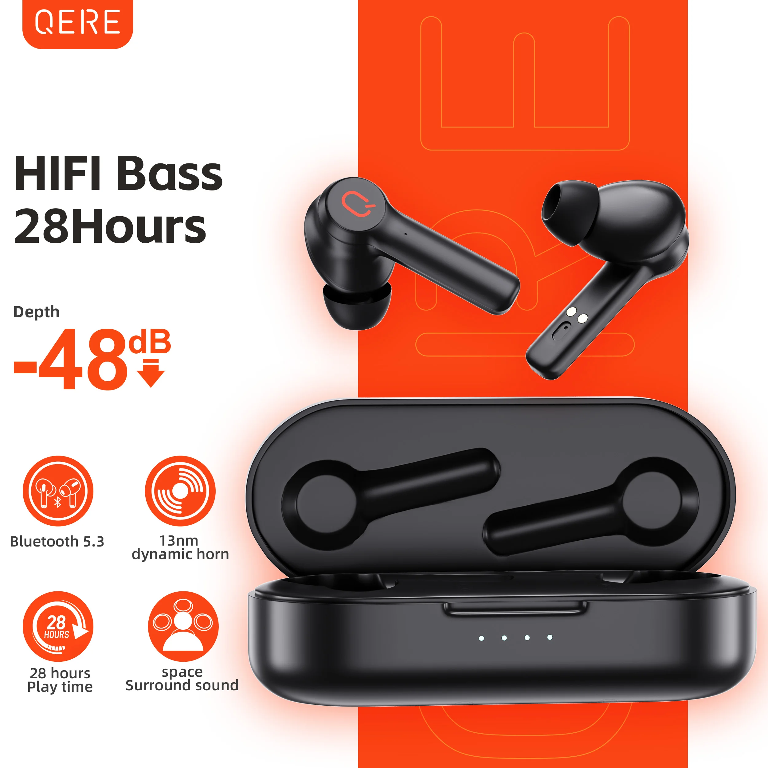 QERE E20 Kablosuz Kulaklık, TWS Bluetooth 5.3, HD Mikrofon, HIFI Kulaklık, 13mm Sürücü, 68Ms Düşük Gecikme, 4 Mikrofon, ENC Çağrısı, Yeni